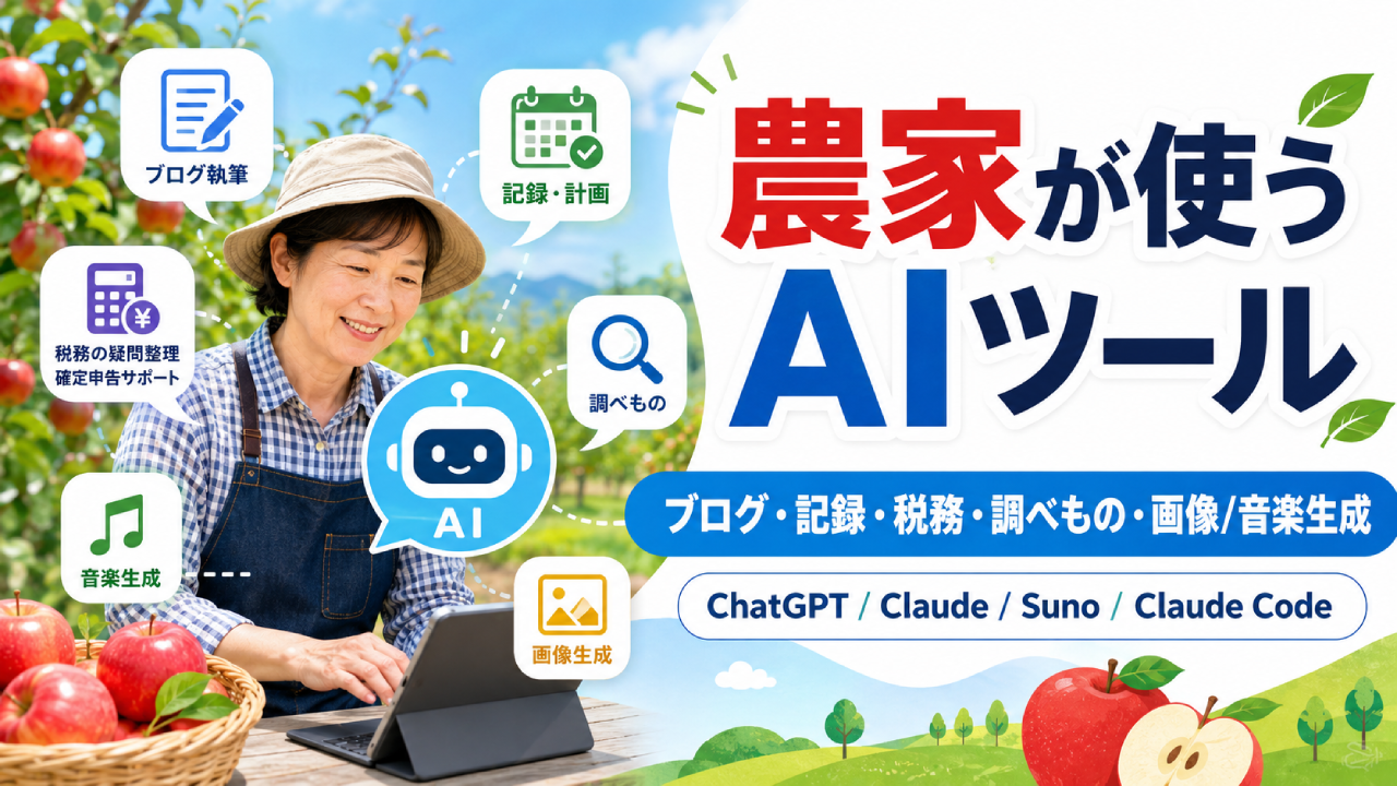 りんご農家がブログ執筆・記録・税務・調べものにAIツールを活用するイメージ