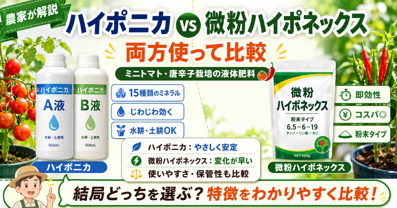 ハイポニカと微粉ハイポネックスの特徴や使い方をミニトマト・唐辛子栽培向けに比較したアイキャッチ画像